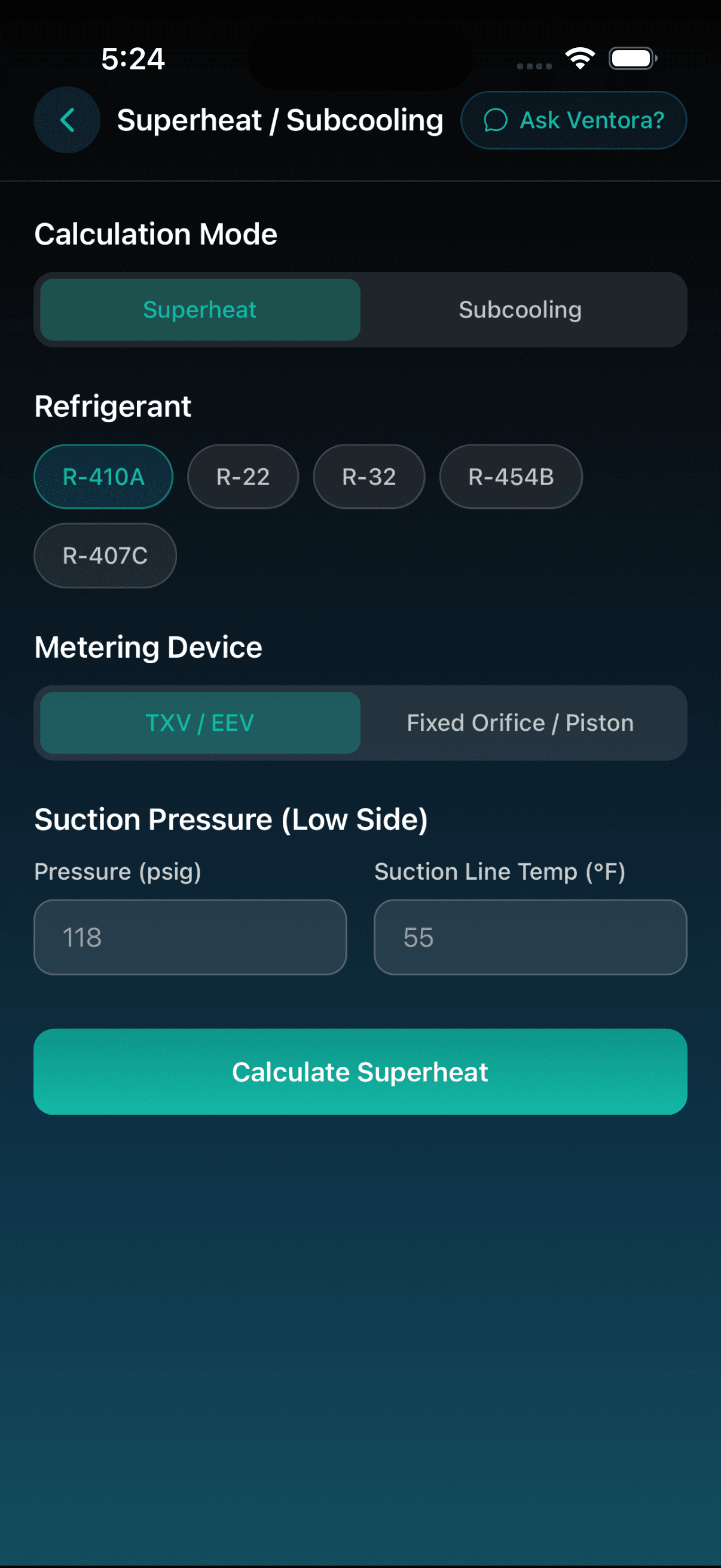 Ventora — superheat and subcooling