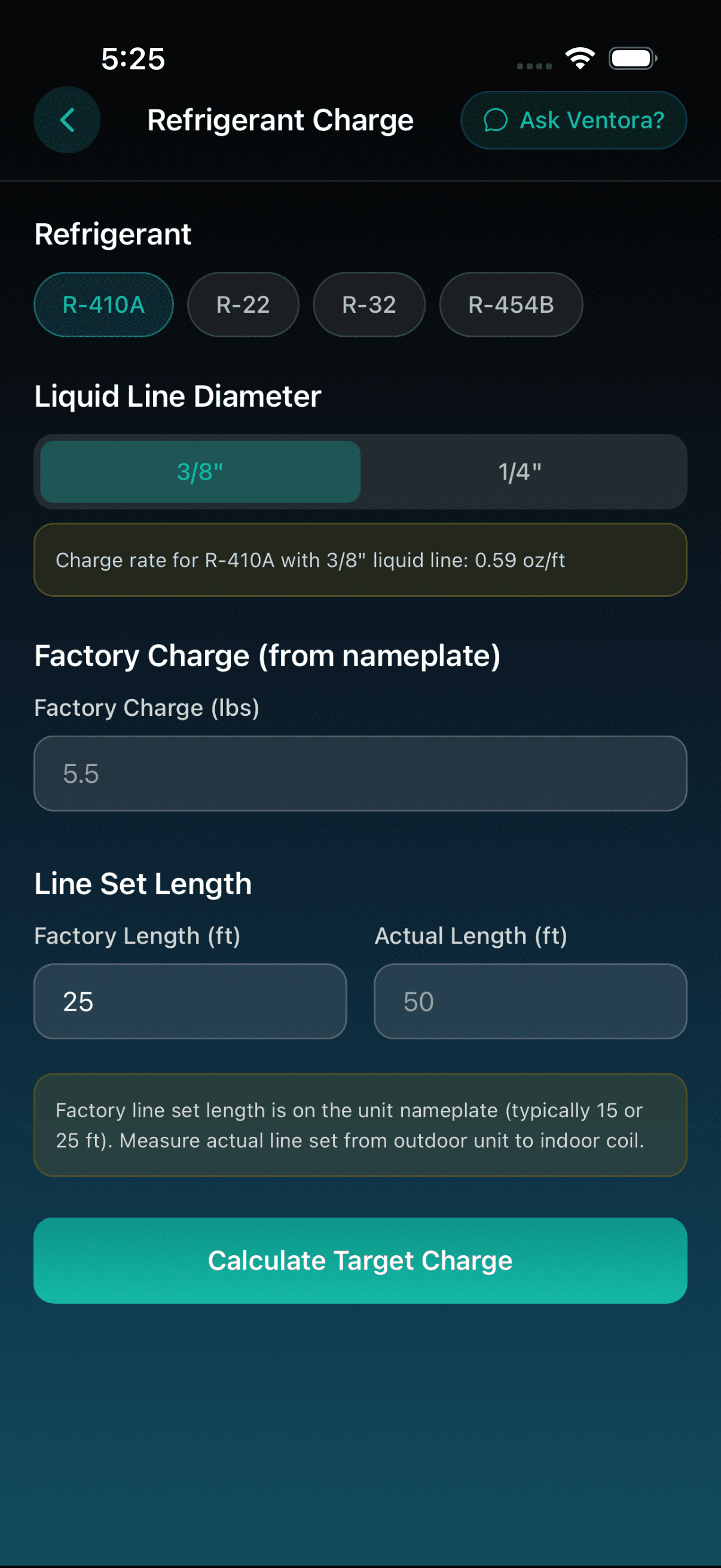 Ventora — refrigerant charge
